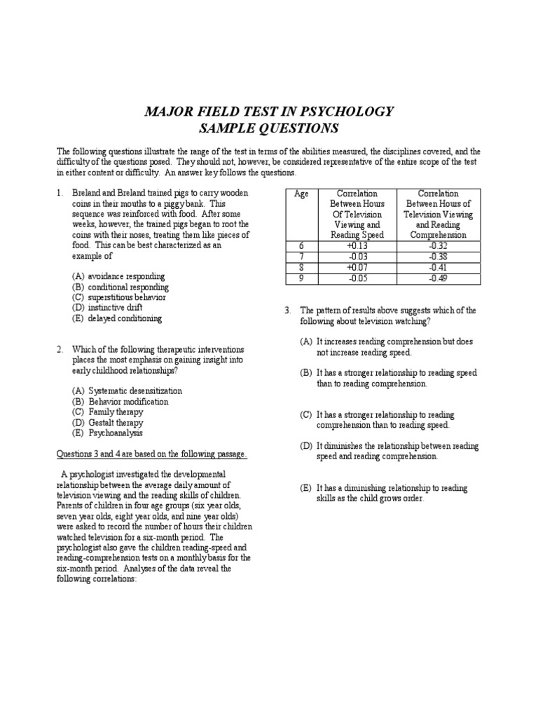 Major Field Test in Psychology Sample Questions | PDF | Reading ...