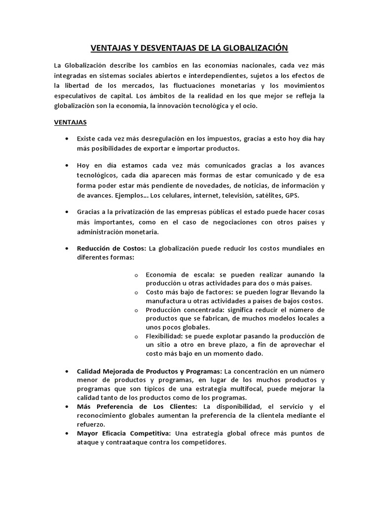 Ventajas y Desventajas de La Globalización | PDF | Globalización ...