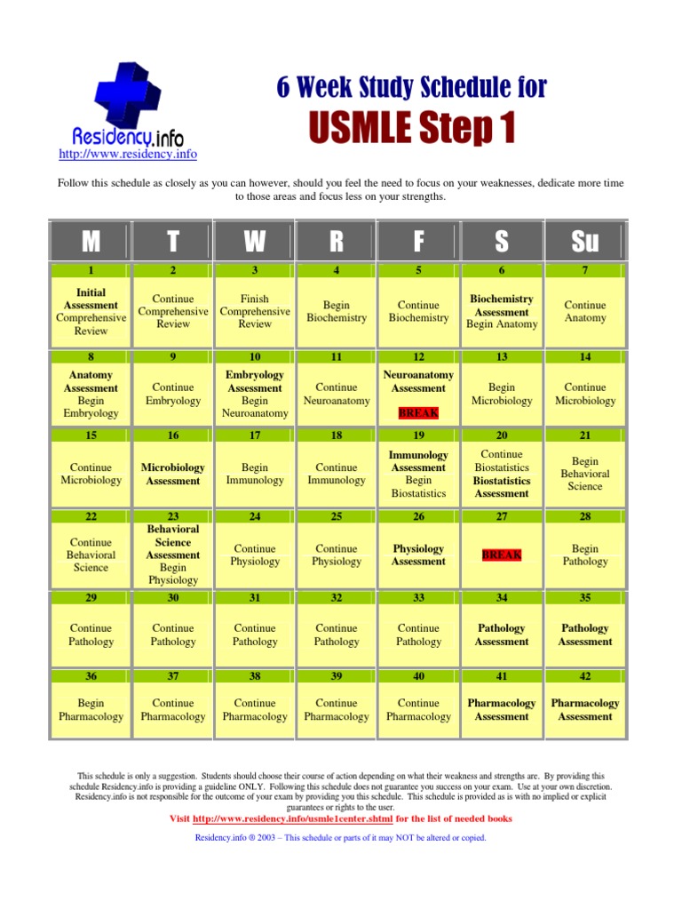 Detailed 6 Week Study Schedule Usmle United States Medical Licensing