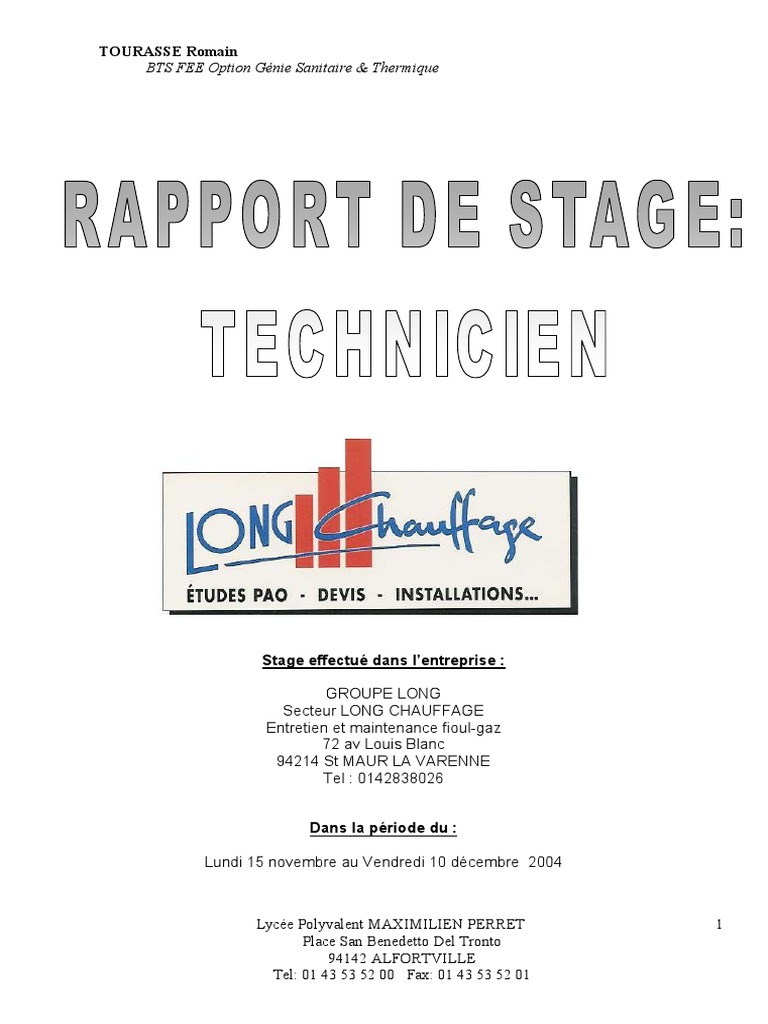 Rapport De Stage Technicien Thermique Bts 2004 Complet Photos