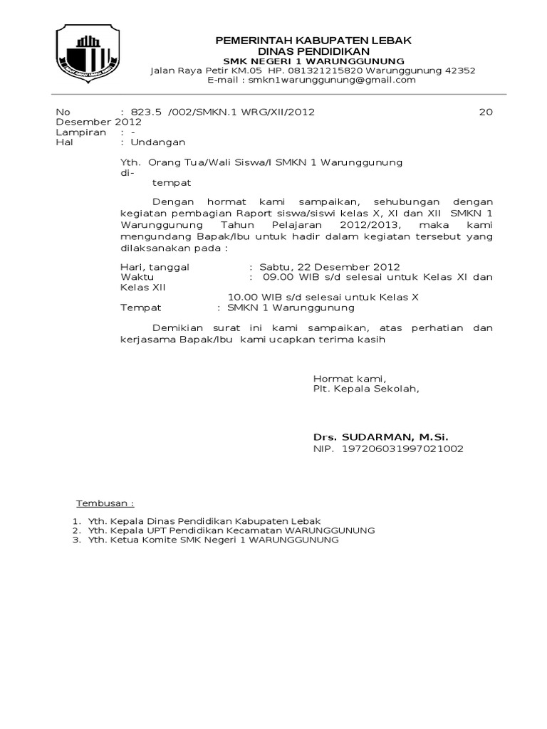 Surat Undangan Pembagian Raport Murid 2012 2013 Smkn 1 Wargun Pdf