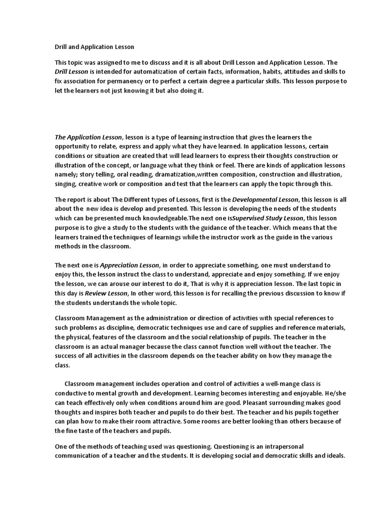 Drill and Application Lesson Lesson Plan Learning