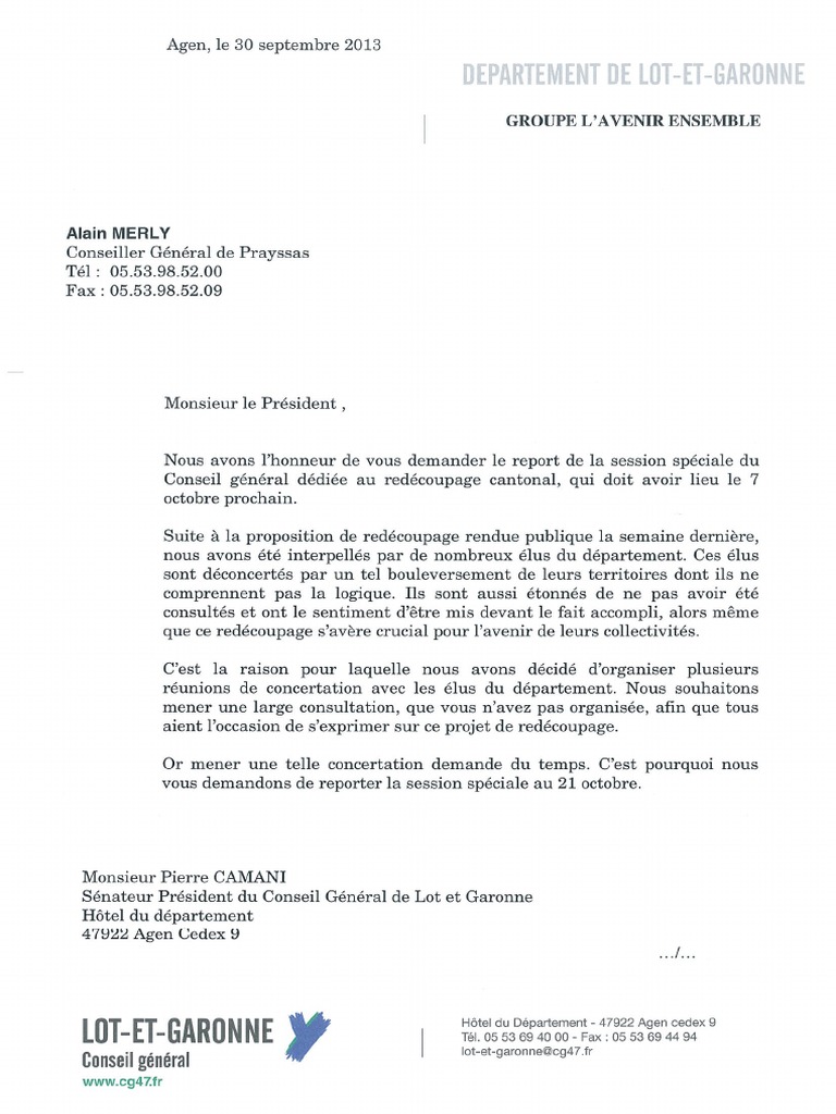 Lettre de demande de report de la session spéciale consacrée au