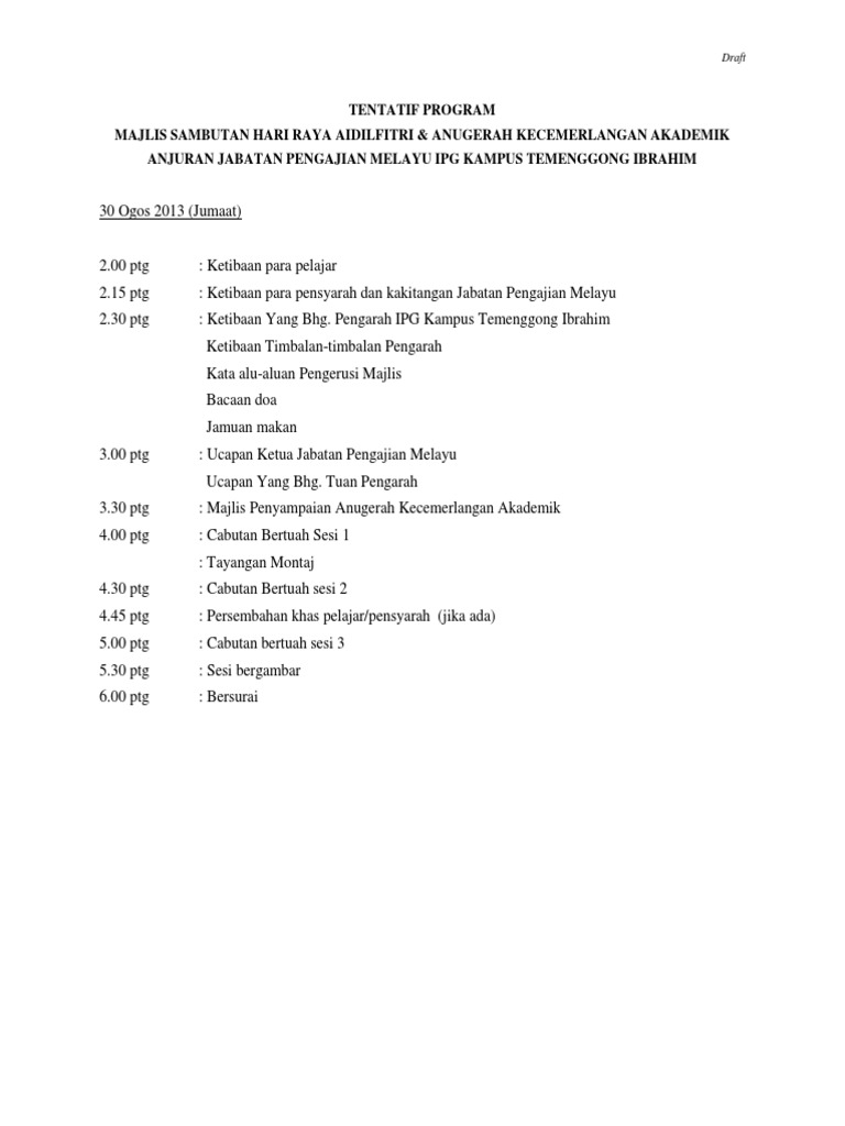 Tentatif Program Hari Raya JPM | PDF