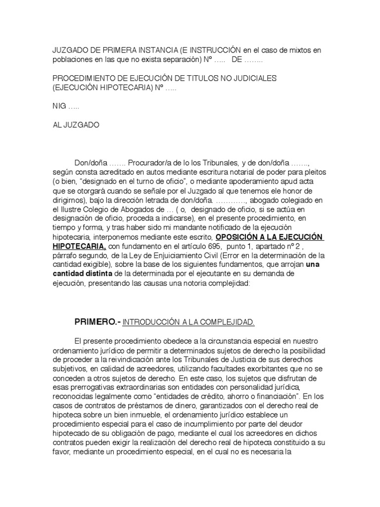 Oposición A Ejecución Hipotecaria Modelo | Interés | Pagos