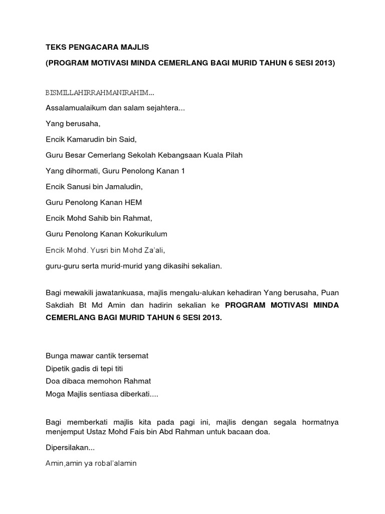 Teks Pengacara Majlis MOTIVASI TAHUN 6