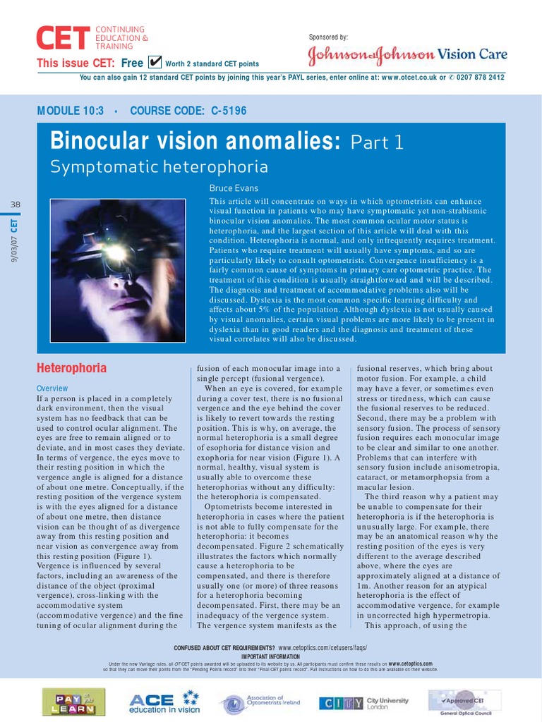 Binocular Vision Anomalies Part 1 PDF Dyslexia Optometry
