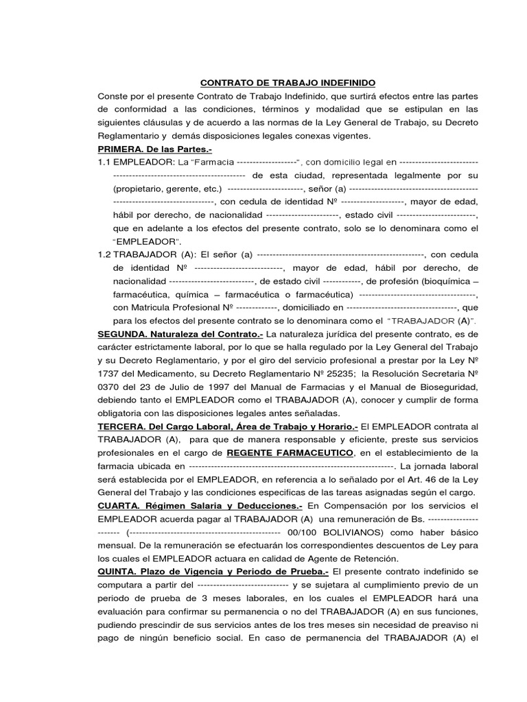 Contrato De Trabajo Modelo Para Regente Farmacia 1 Derecho Laboral