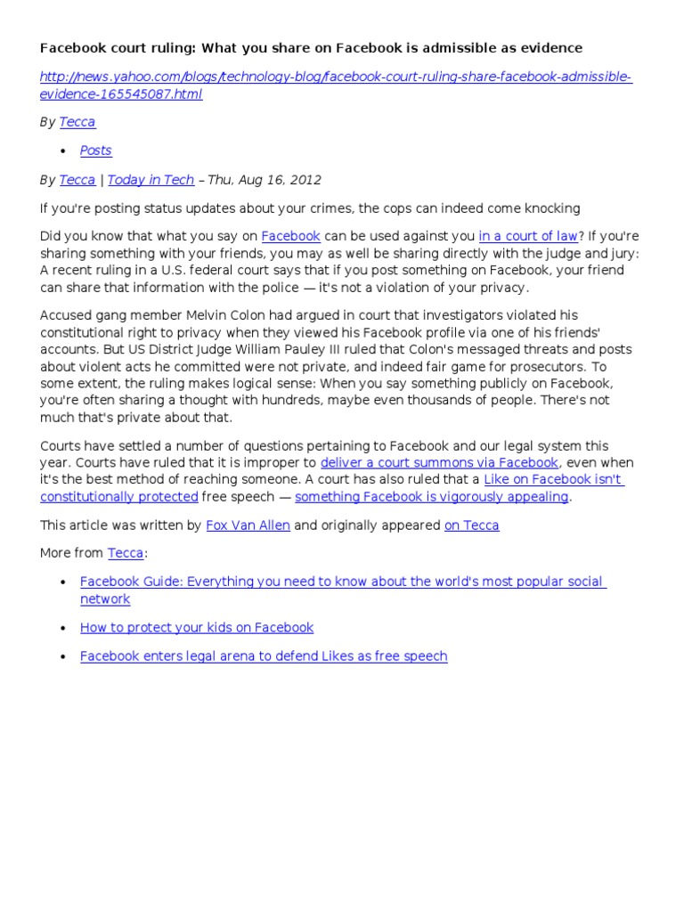 What You Share On Facebook Is Admissible As Evidence | PDF