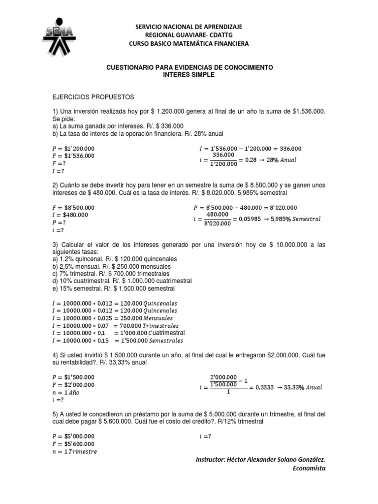 Taller 1 Matematica Financiera | PDF | Finanzas Matemáticas | Interés
