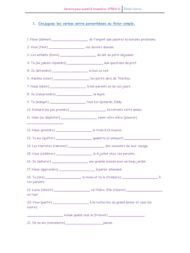 Futur Simple Exercices à Imprimer Exercice Futur Simple 2esod PDF | PDF