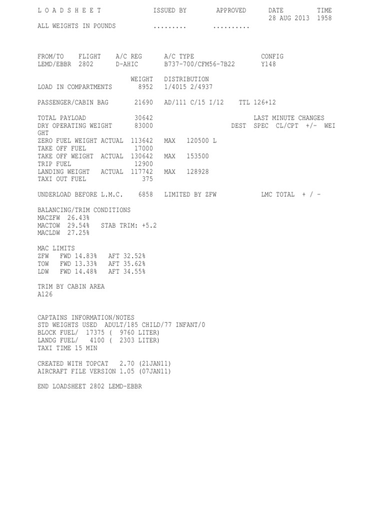 B737-700 Load Sheet LEMD-EBBR | PDF | Aviation | Aircraft