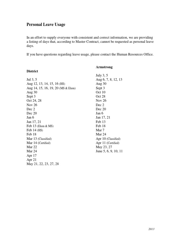 Personal Leave Usage: District Armstrong | PDF | Sports & Recreation ...