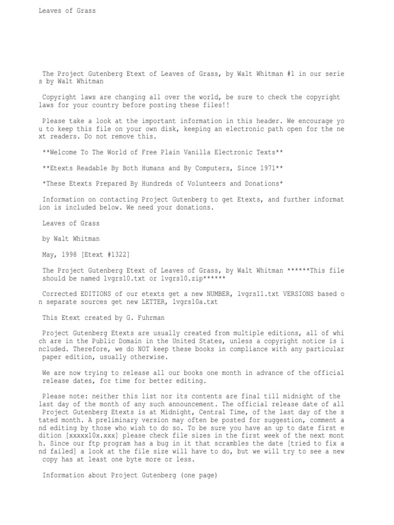 Leaves of Grass PDF Project Gutenberg E Text