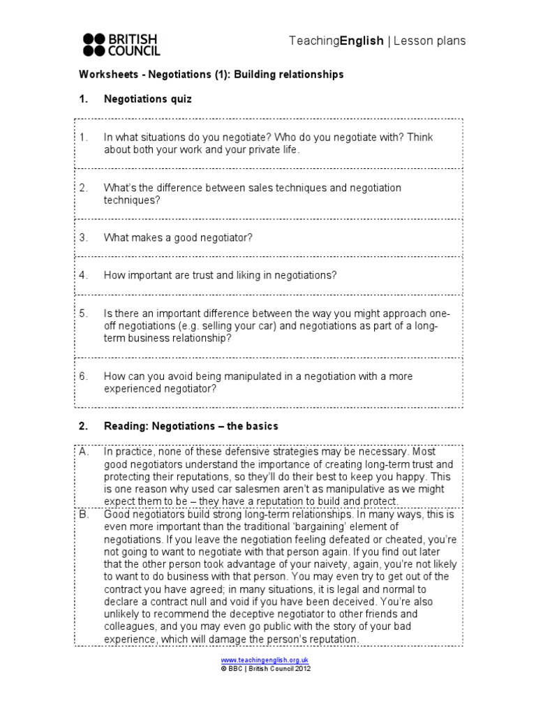 Negotiations 1 Building Relationships Worksheet PDF Social Science