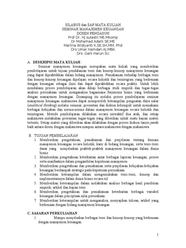 Silabus Seminar Manajemen Keuangan