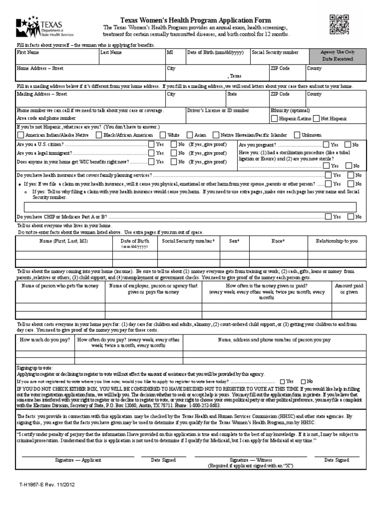 Texas Women's Health Program Application Form PDF