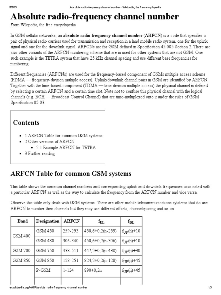 Absolute RadioFrequency Channel Number Wikipedia, The Free
