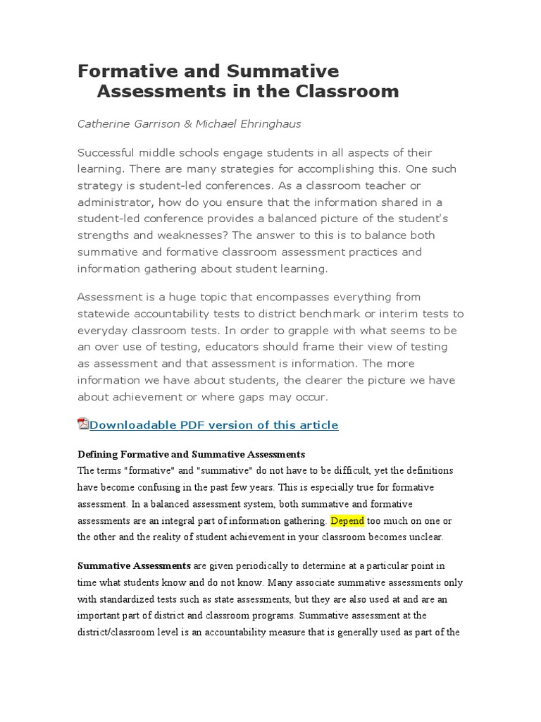Formative and Summative Assessments in the Classroom | Educational ...
