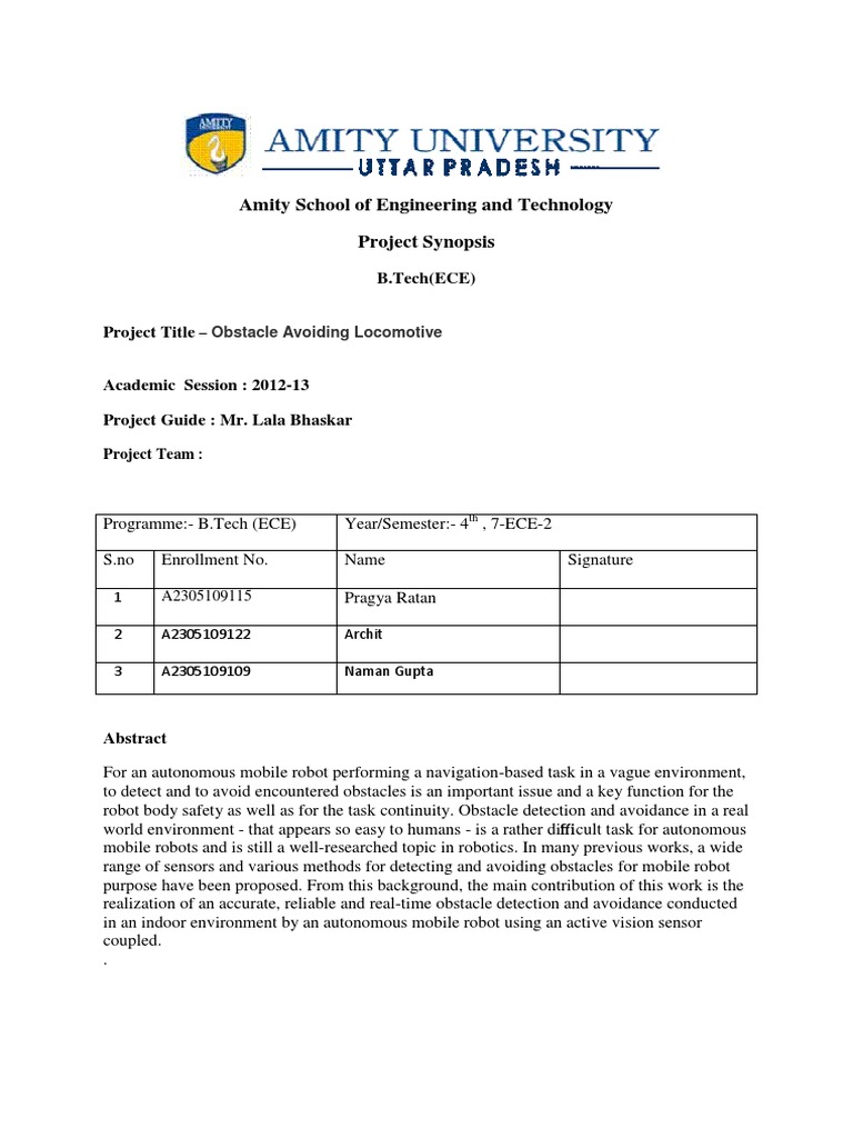 Amity School of Engineering and Technology Project Synopsis: B.Tech ...