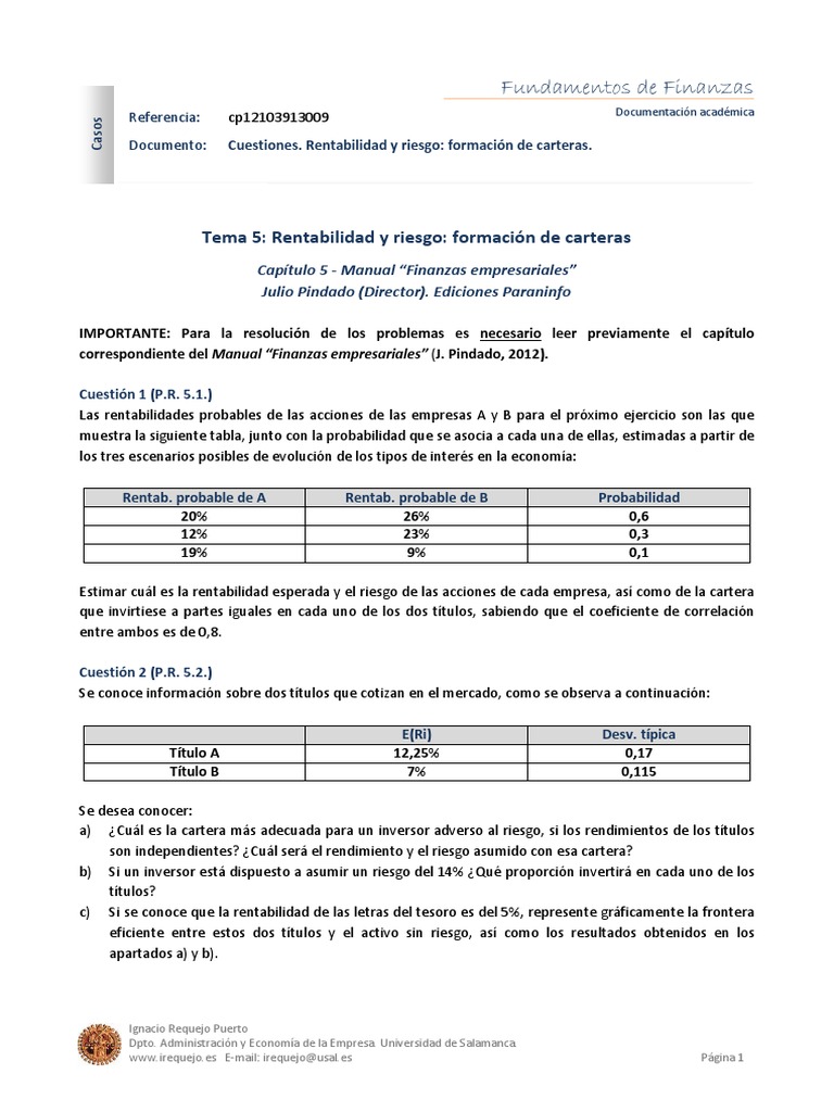 Rentabilidad y riesgo en carteras financieras | PDF | Compartir ...