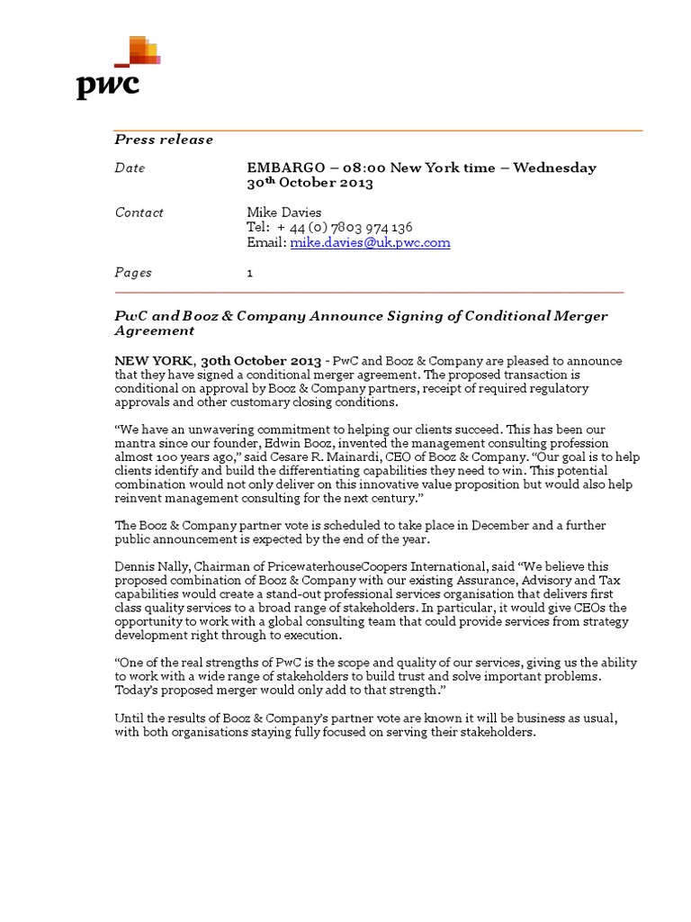 PwC and Booz & Company Merger Announcement | PDF | Pricewaterhouse ...