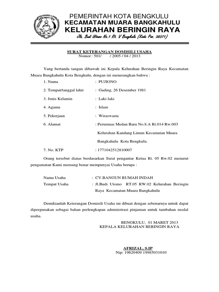 Contoh Surat Keterangan Domisili Dari Kelurahan Kumpulan Surat Penting
