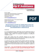 RTIFED Letter to Commission - 052 - 10 Nov 2013 - Practice of Summary Disposal of Complaints by CIC and Reminding Them Back