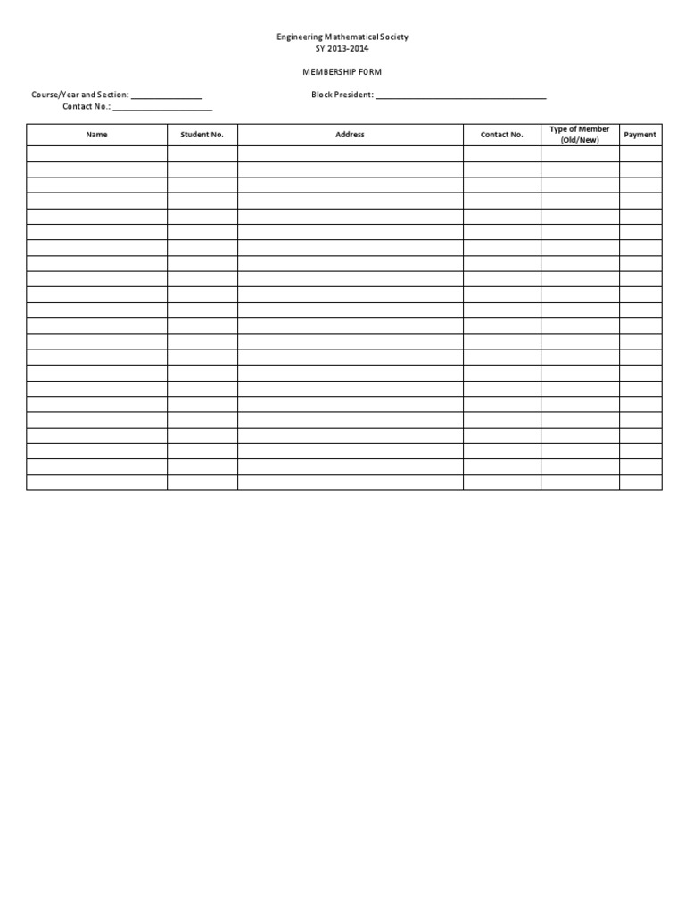 Engineering Math Society Membership Form | PDF | Finance & Money Management