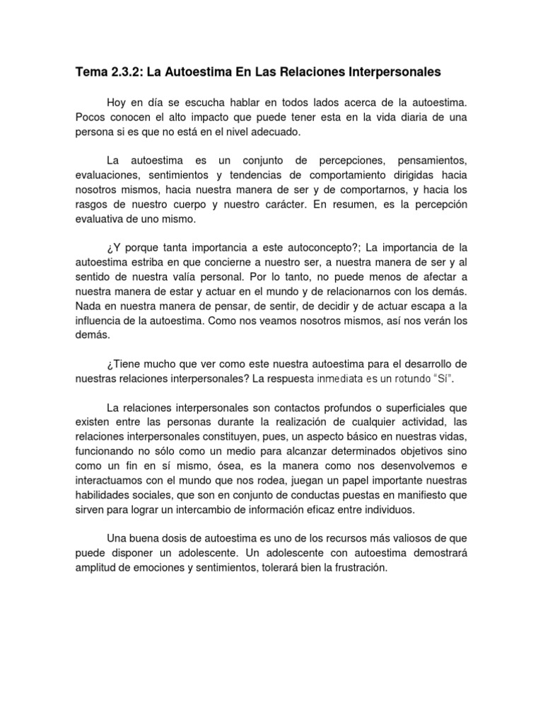 Autoestima y Relaciones Interpersonales | PDF | Autoestima | Adolescencia