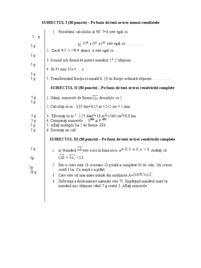 Teste Evaluare Finala Clasa A V-A | PDF
