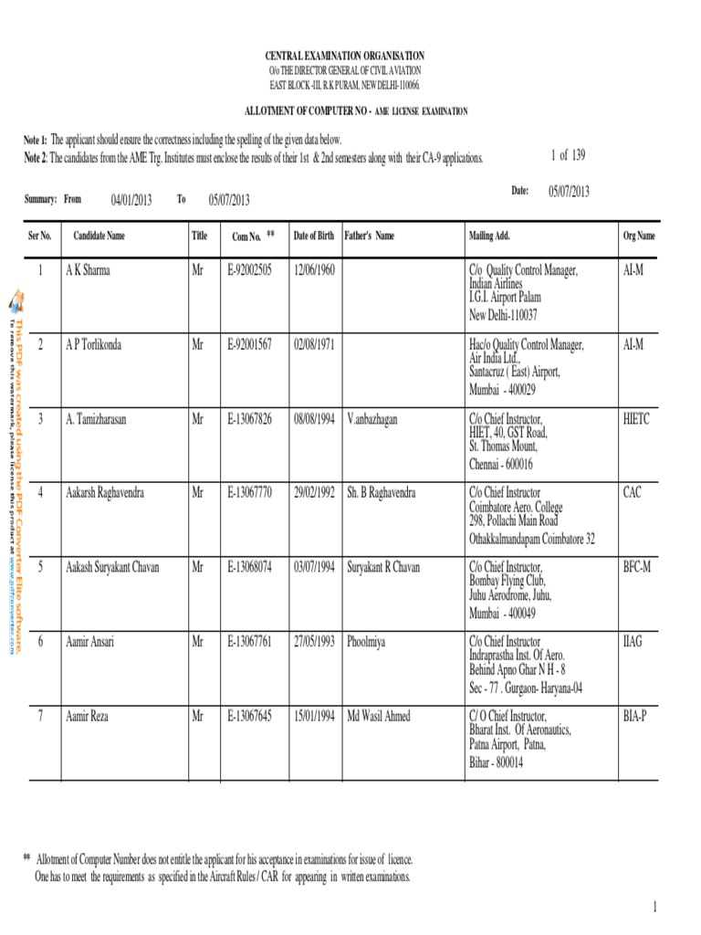 AME License Exam Computer Number Allotment | PDF | Mumbai | Aviation