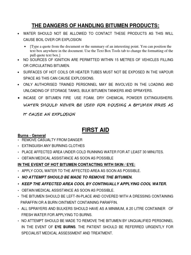 The Dangers of Handling Bitumen Products:: First Aid | PDF
