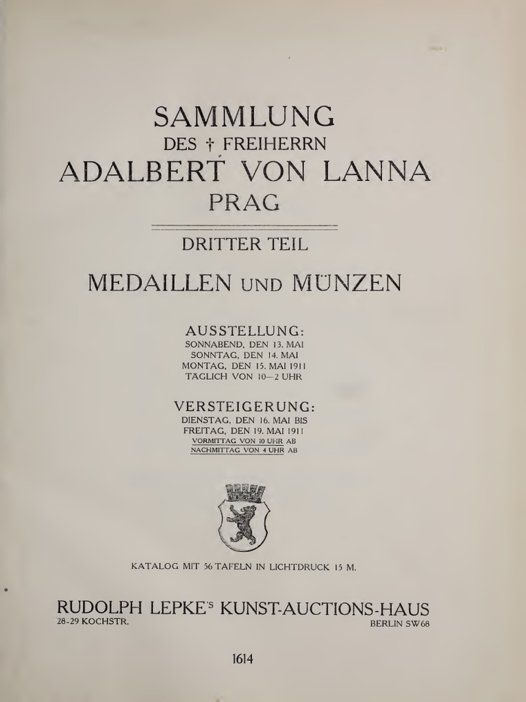 Sammlung des Freiherrn Adalbert von Lanna Prag Tl III Medaillen und Münzen [Kurt Regling]