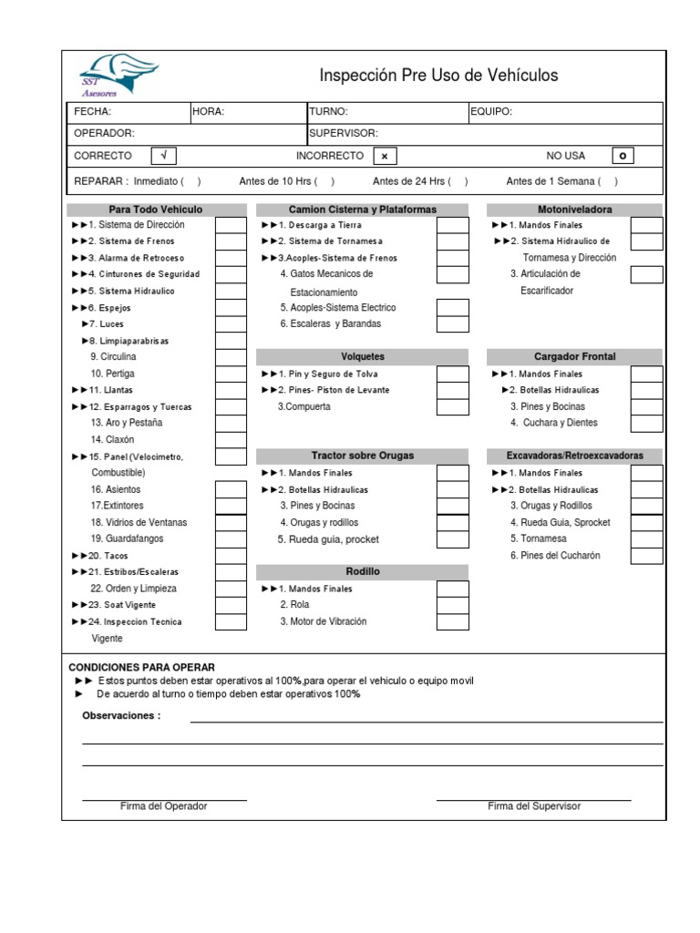 Formato Inspeccion de Pre Uso de Vehículos