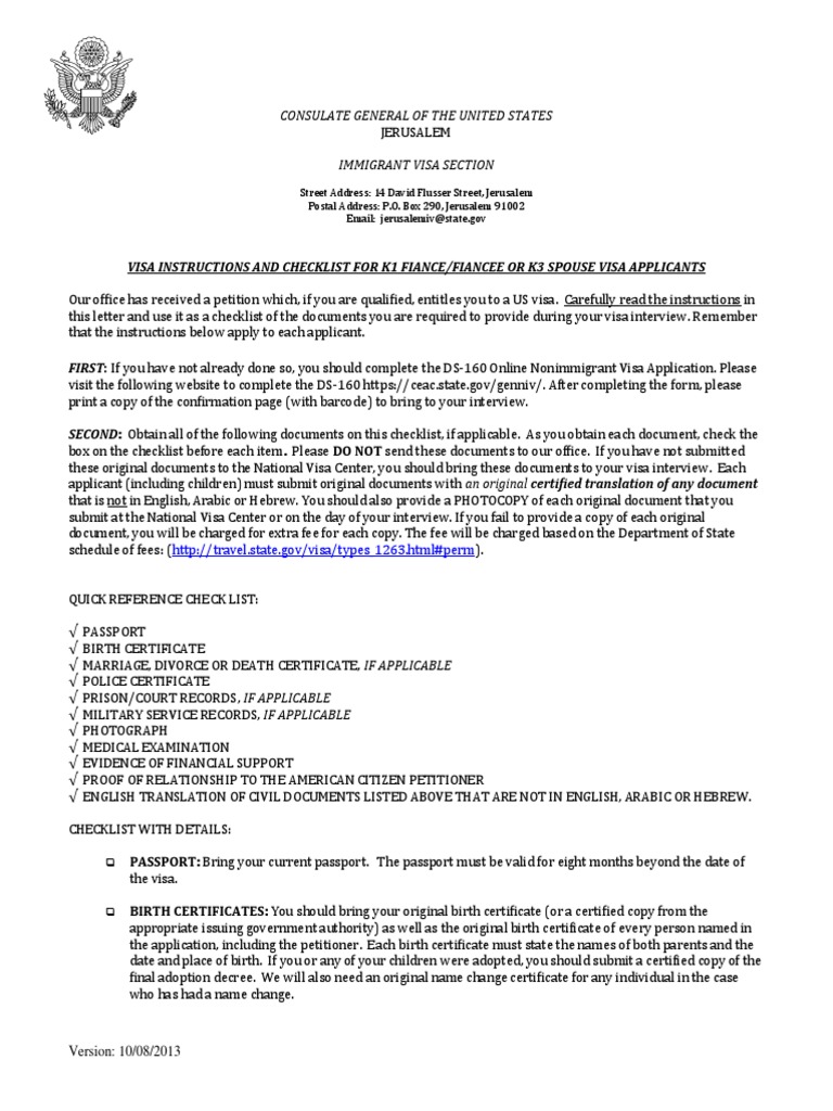 Visa Instructions/Checklist For K1 Fiance/ee or K3 Spouse Visa