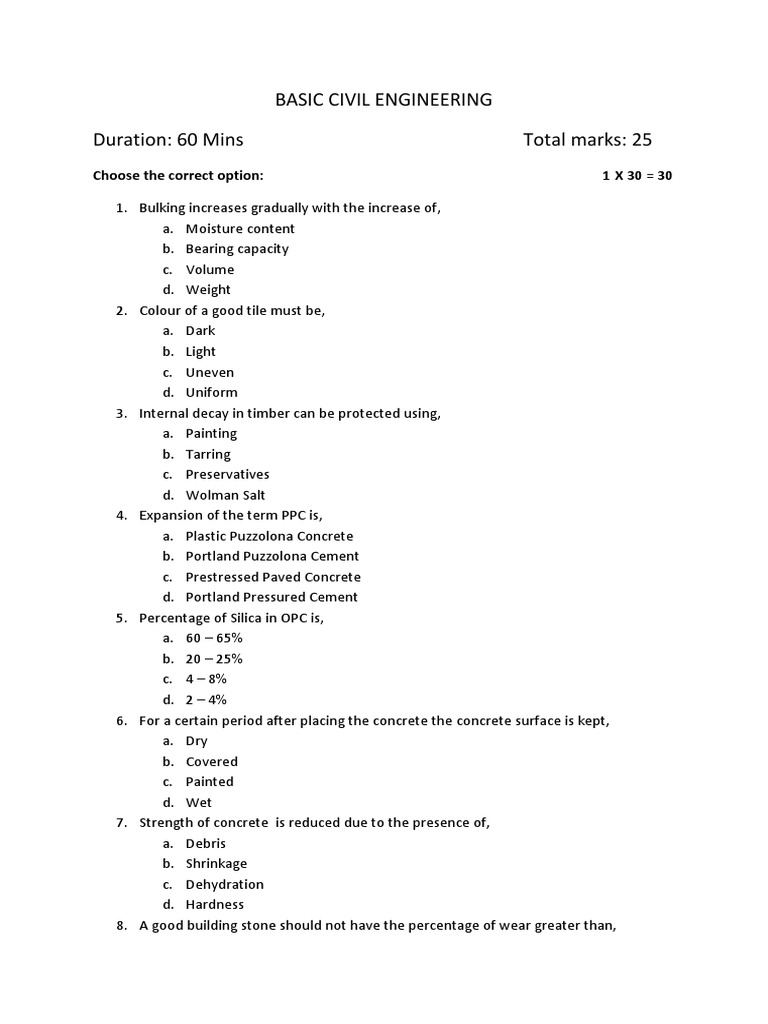 Basic Civil Engineering Quiz and Concepts | PDF | Brick | Concrete