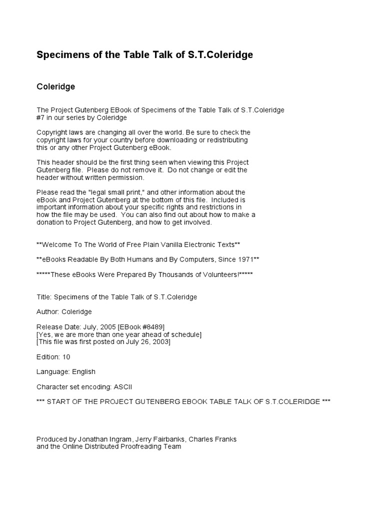 Coleridge specimens of the table talk unduh gratis pdf project