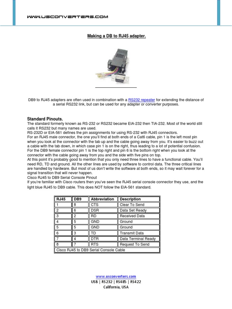 DB9 to RJ45 Adapter Pinout Guide | PDF