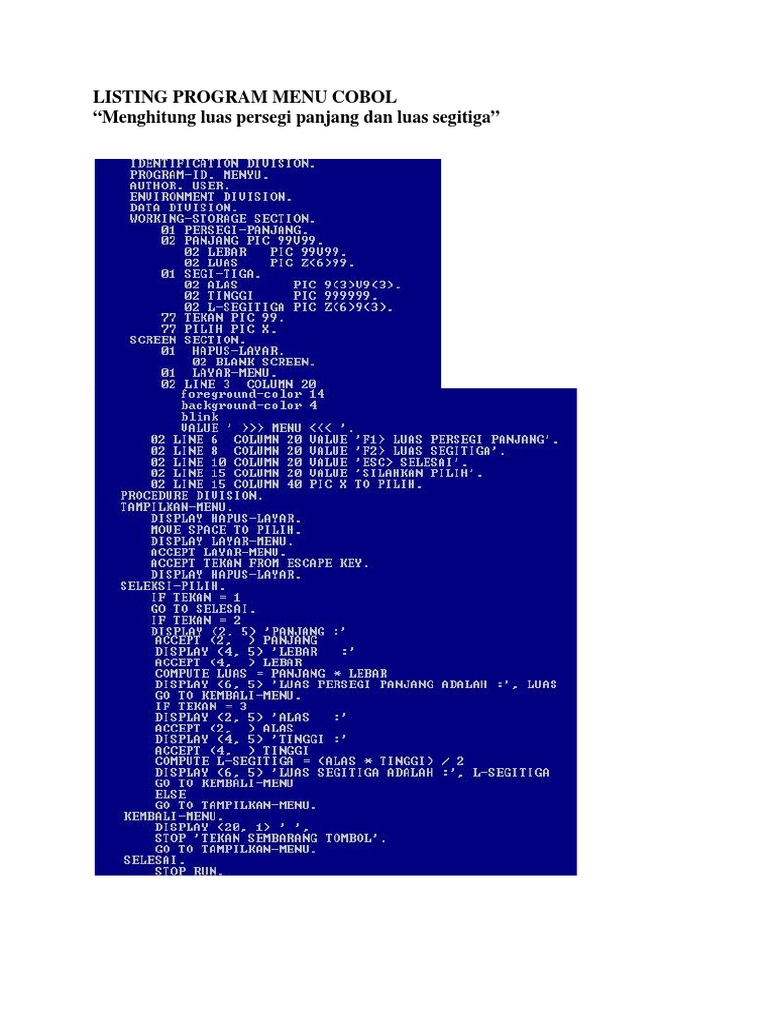 Listing Program Menu Cobol PDF | PDF | Komputer