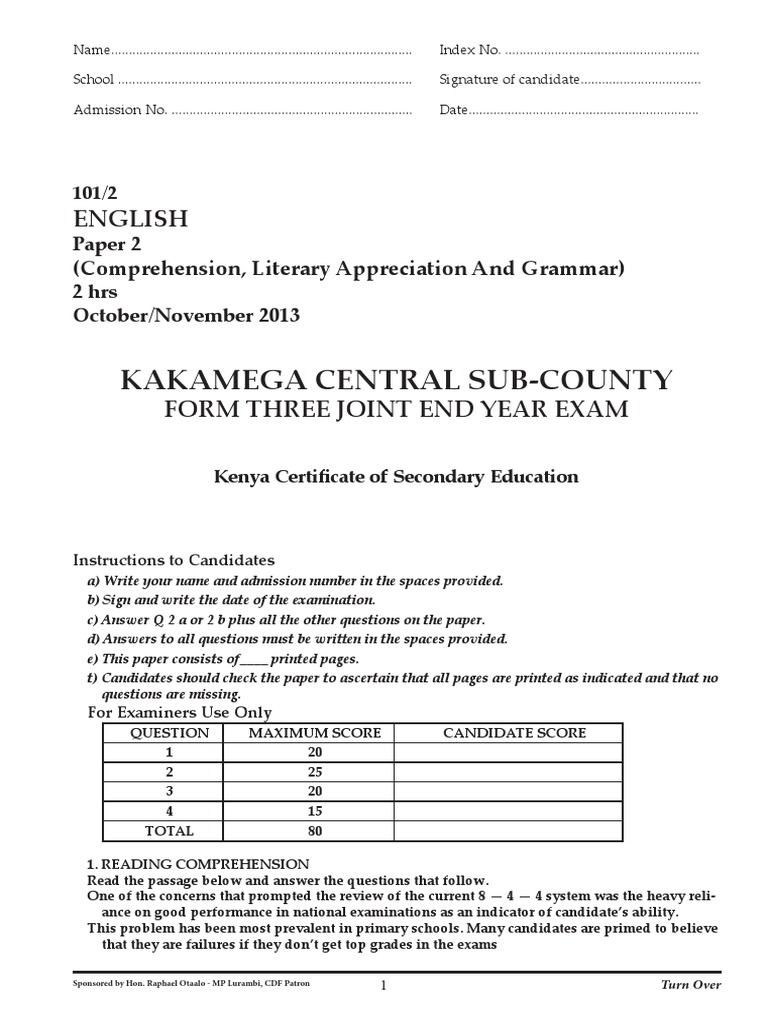 English Paper 2 Form 3 Kakamega Central Subcounty PDF Test