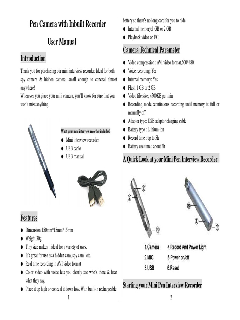 slank rulle juni Pen Camera With Inbuilt Recorder User Manual: RR Roduction | PDF | Digital  Video Recorder | Usb