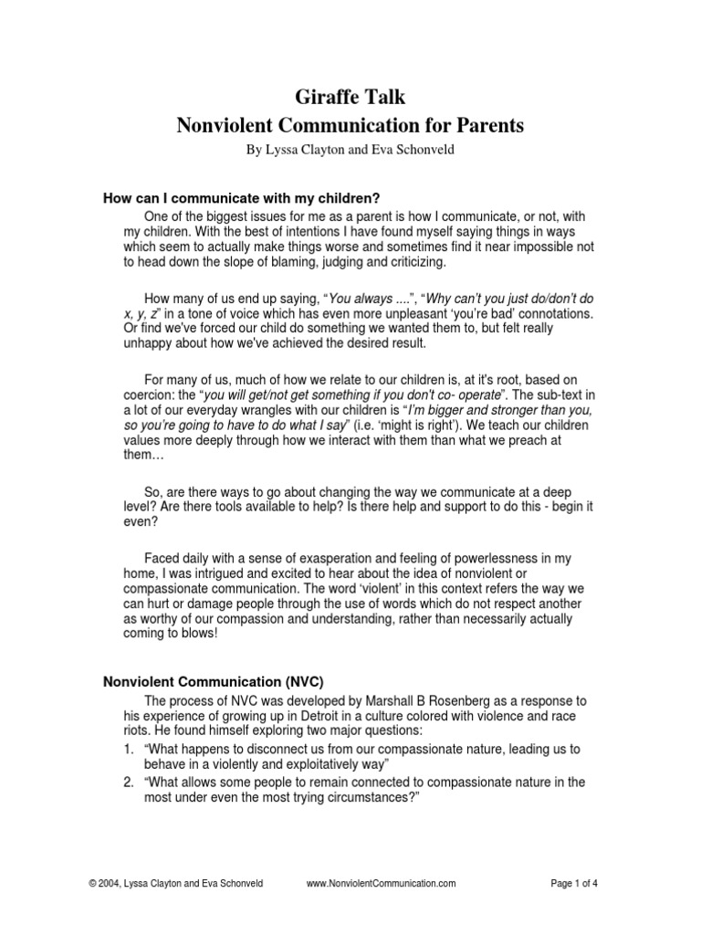 Giraffe Talk: Nonviolent Communication For Parents | PDF ...