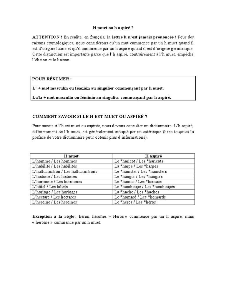 H muet vs H aspiré en français | PDF | Arts du langage et discipline ...