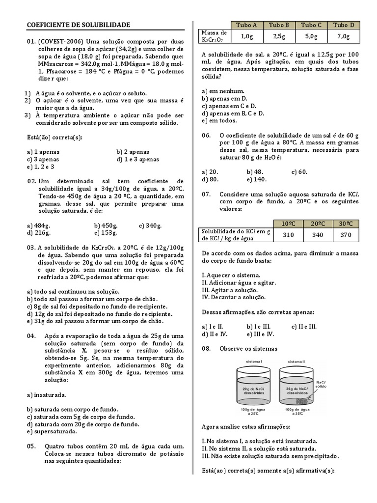 Exercicios de COEFICIENTE DE SOLUBILIDADE e Soluções | PDF ...