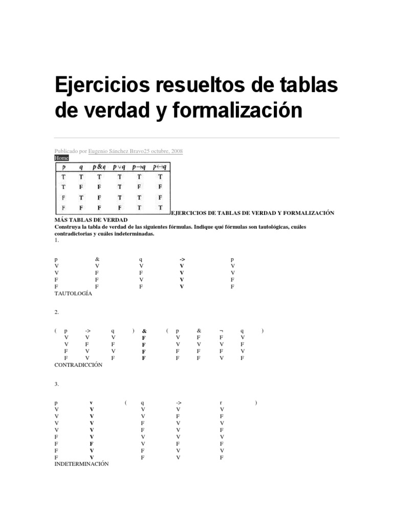 Ejercicios De Tablas De Verdad Resueltos Ejercicios Resueltos de Tablas de Verdad y Formalización | PDF | Lógica  matemática | Verdad