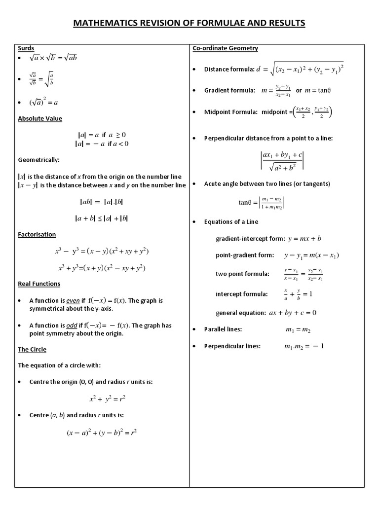 Hsc 3u Maths Formulae Trigonometric Functions Quadratic Equation