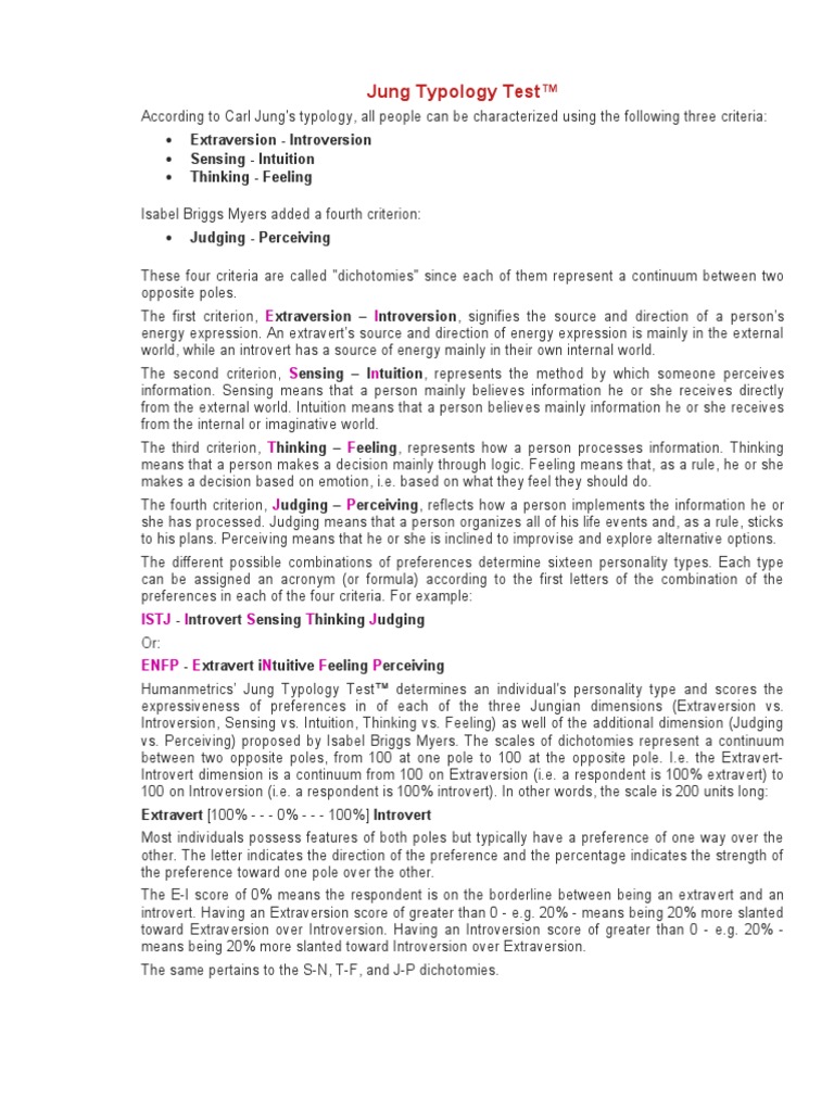 Jung Typology Test PDF Personality Type Carl Jung