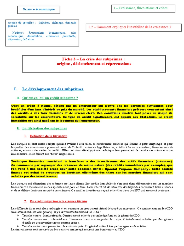 Fiche 3 - La Crise Des Subprimes | PDF | Subprime | Crise des subprimes