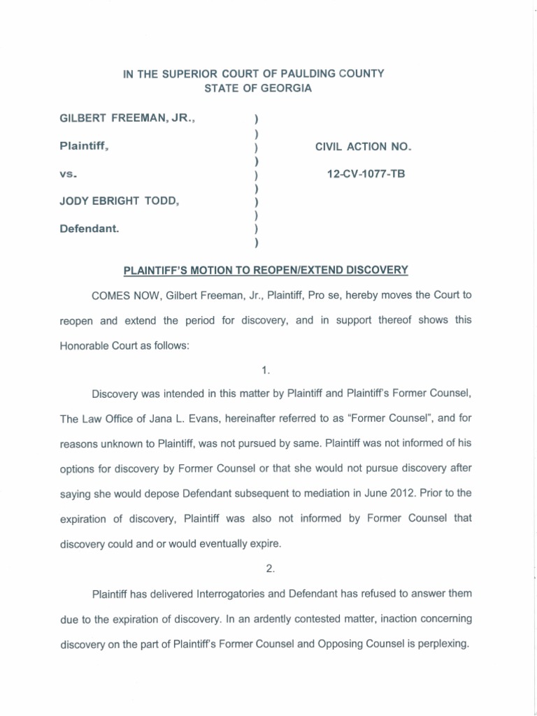Motion to Reopen Discovery Deadline | PDF | Discovery (Law) | Lawsuit